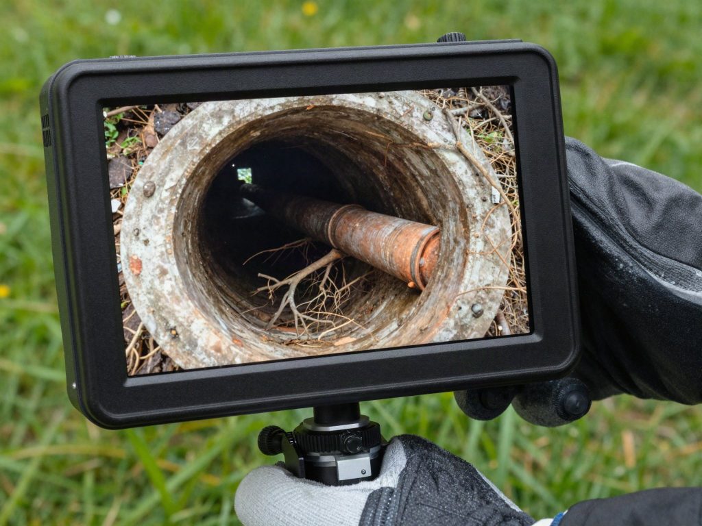 Sewer camera inspection showing tree roots inside a sewer pipe