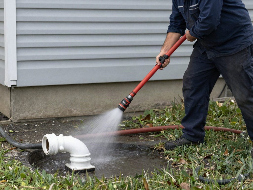 Hydro jetting a sewer cleanout to clear a clogged sewer line