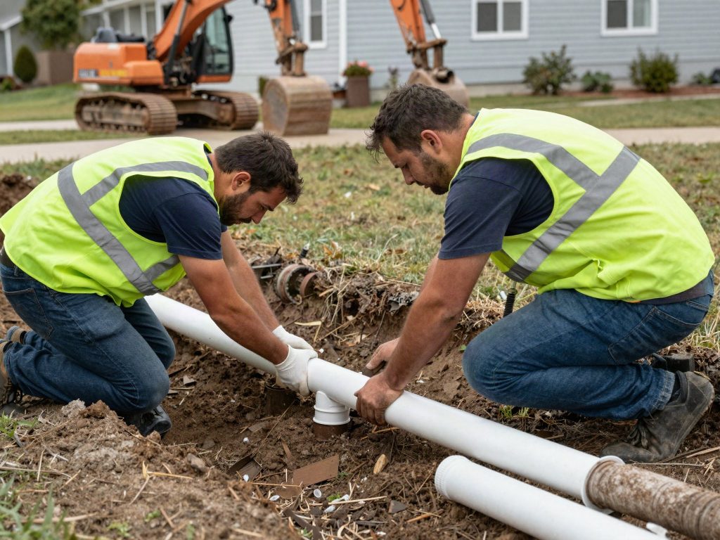 Crew replacing a residential sewer line in a front yard